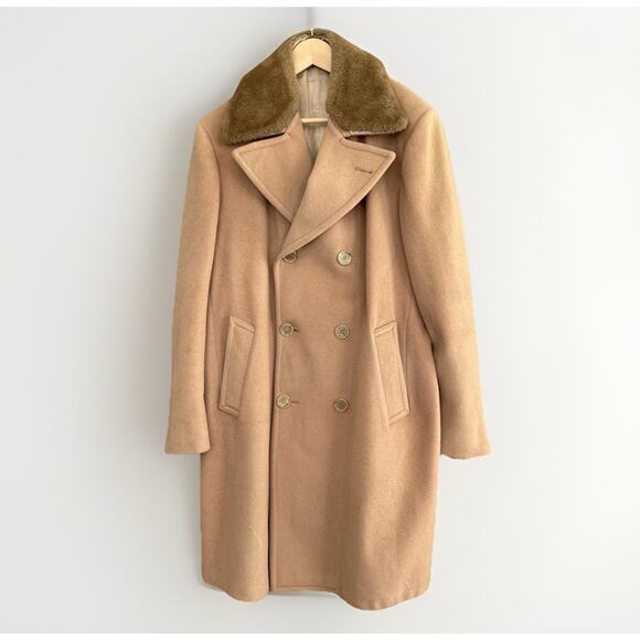 Vintage Zero King 100% Wool Overcoat Camel 1950s Coat w/ Mouton Collar Size 44L - Picture 1 of 16